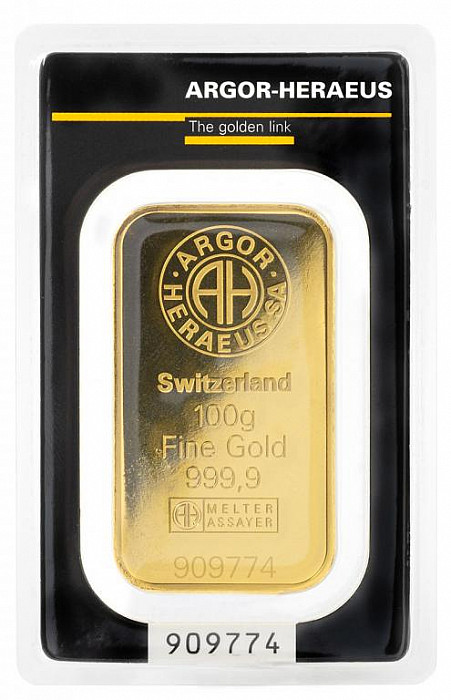 100 g zlatý slitek, Argor Heraeus SA